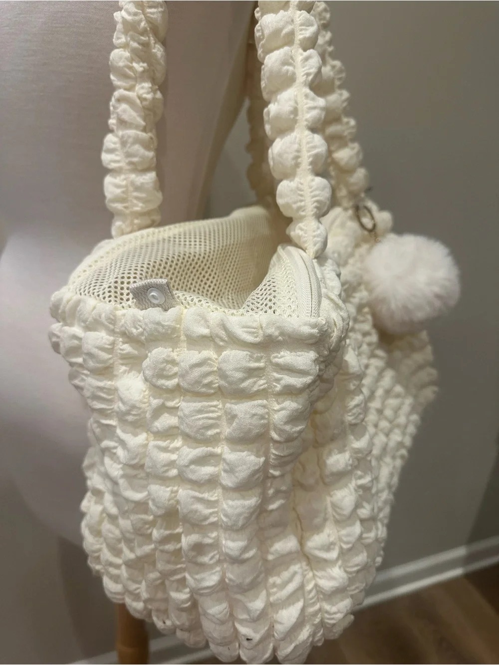 Cream Textured Popcorn Mesh Pet Carrier Tote with Pom Keychain
